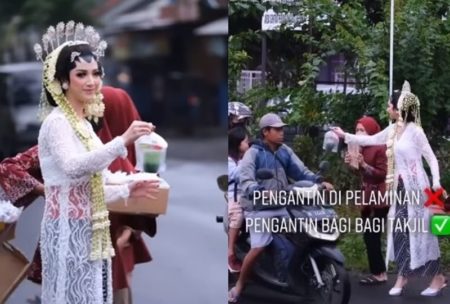 Viral Video Pengantin Wanita Bagi bagi Takjil ke Pengendara Pakai Kebaya Lengkap