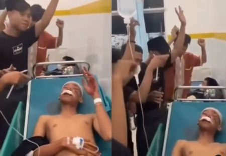 Wajah Babak Belur Pemuda ini Tetap Ikut Temannya Joget Sambil Terbaring Lemah