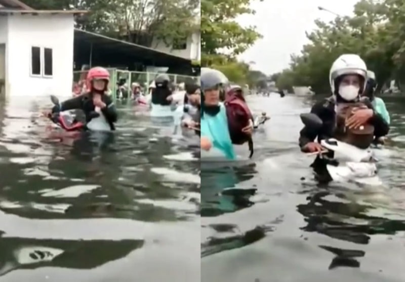 Detik detik Para Karyawan Pabrik Dorong Motor Terjang Banjir Rob Semarang