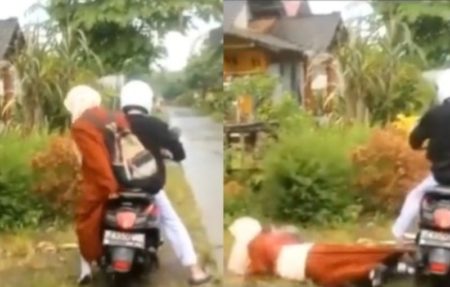 Gegara ini Wanita Malah Nyungsep Saat Turun dari Motor Malunya Seumur Hidup