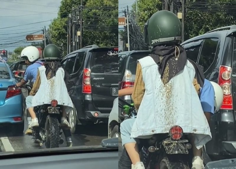 Momen Apes Saat Dibonceng Pacar Pakaian Wanita ini Malah Kotor Kena Cipratan Air dari Ban