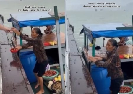 Perjuangan Ibu Jualan Buah di Tengah Laut Saat Hujan Kedinginan Sampai Tangannya Gemetar