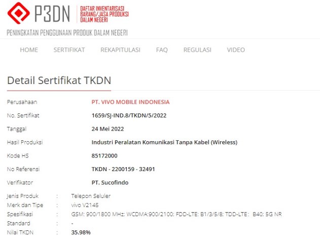 Vivo V2145 TKDN Vivo V2145 TKDN