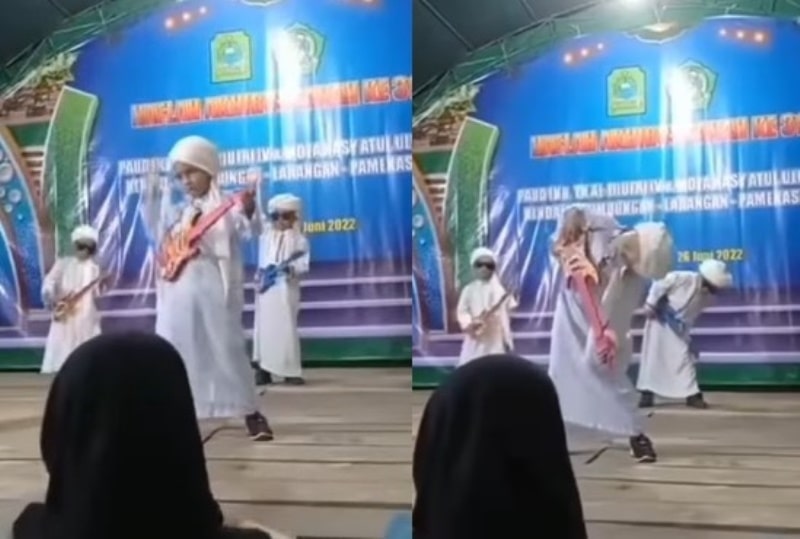 Aksi Gemas Santri Cilik Tiru Gaya Rhoma Irama di Atas Panggung Sambil Bawa Gitar