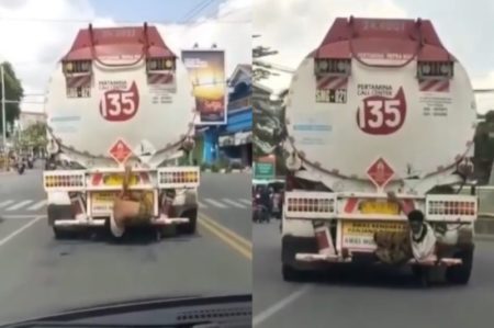 Bahaya ODGJ ini Gelantungan di Truk Tangki Sambil Bergaya Ala Spiderman