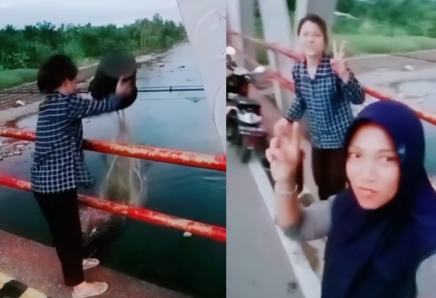 Demi Konten Wanita ini Sengaja Buang Sampah ke Sungai Temannya Malah Joget