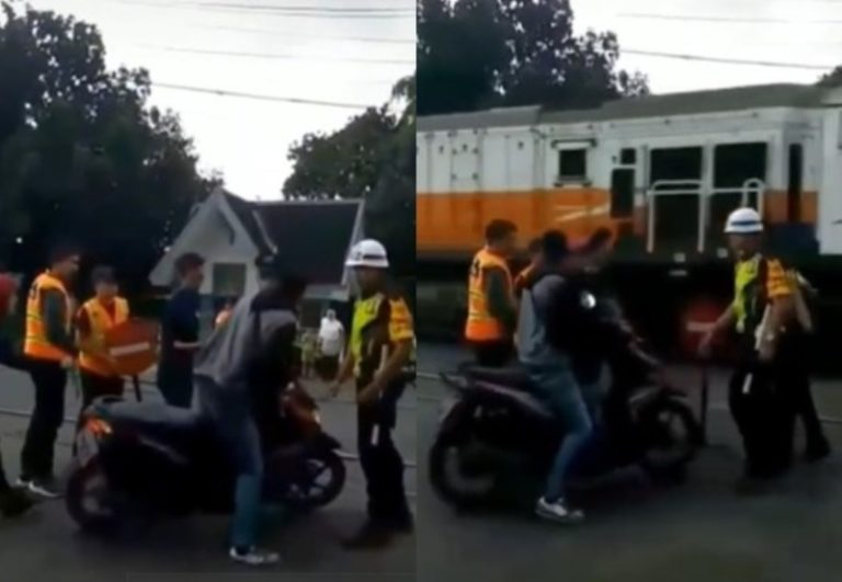 Hendak Terobos Perlintasan Saat Kereta Belum Selesai Lewat Pria ini Nyaris Pindah Alam