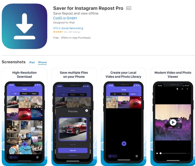 Penghemat untuk Instagram Repost Pro iPhone Aplikasi Pengunduh Video Instagram