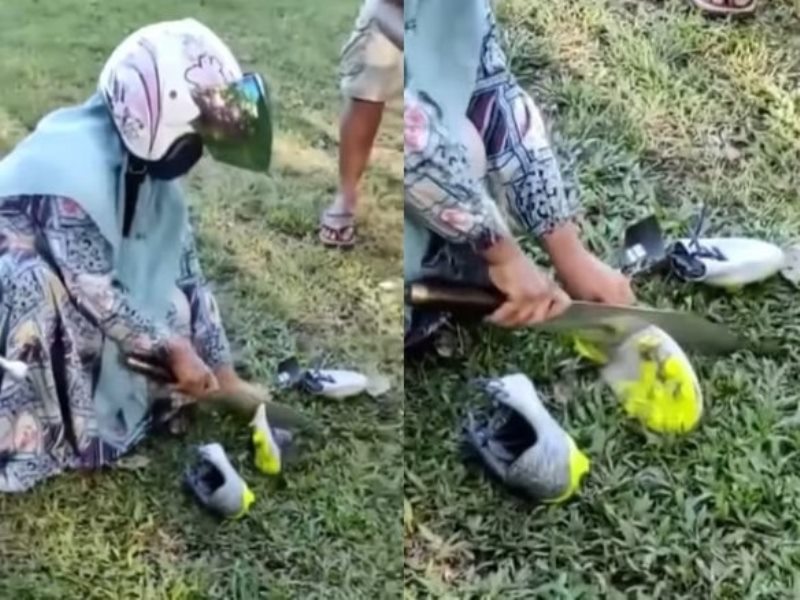 Viral Aksi Istri Potong Sepatu Suami di Lapangan Marah Gegara Suami Sering Main Bola