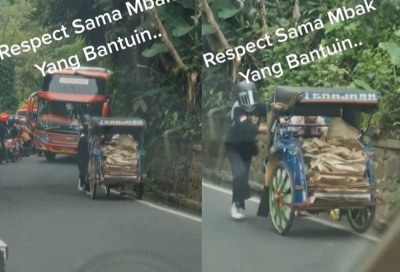 Aksi Heroik Wanita Bantu Dorong Becak Milik Bapak Tua Saat di Tanjakan