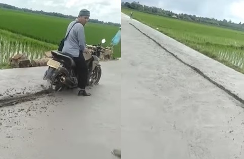 Keder Jelas jelas Masih Basah Pengendara Motor ini Tetap Nekat Terobos Jalan Cor