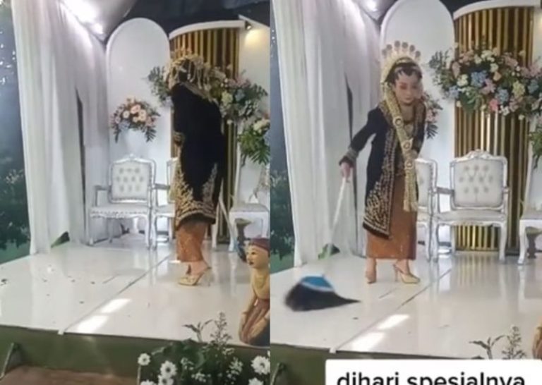 Masih Pakai Baju Pengantin Wanita ini Sibuk Nyapu di Pelaminan Sendiri
