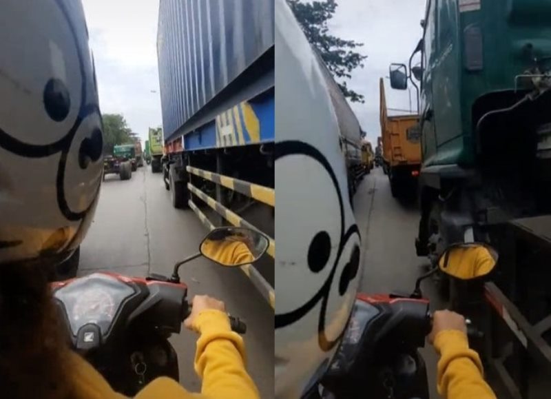 Ngeri Wanita Berani Kendarai Motor di Antara Truk Tronton Meleng Dikit Langsung Pindah Alam