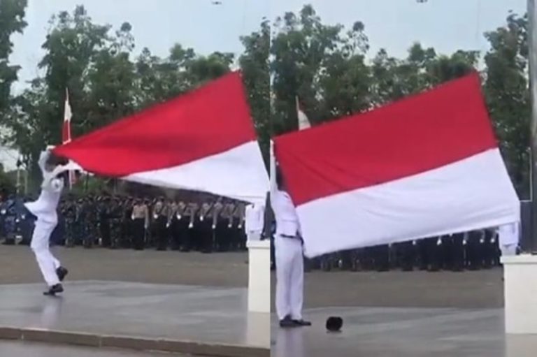 Aksi Sigap Paskibraka Lakukan Manuver Agar Bendera Merah Putih Terbentang Sempurna