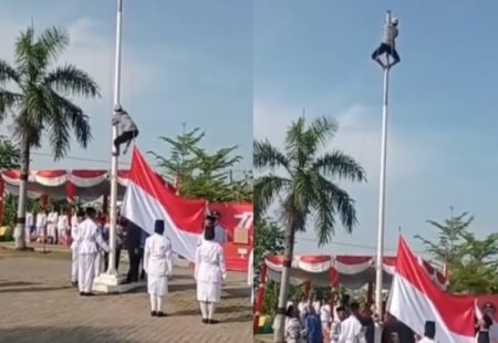 Detik detik Aksi Heroik Petani di Karawang Panjat Tiang Karena Tali Bendera Nyangkut