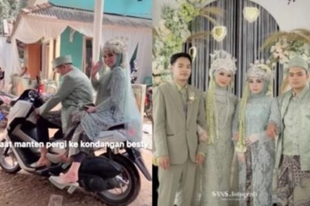 Masih Pakai Baju Pengantin Pasangan ini Pergi ke Nikahan Bestie Naik Motor