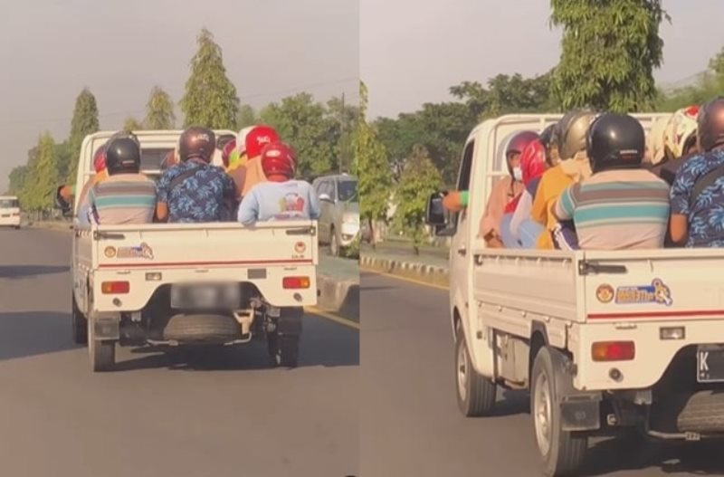 Naik Bak Mobil Pikap Emak emak dan Bapak bapak ini Kompak Pakai Helm