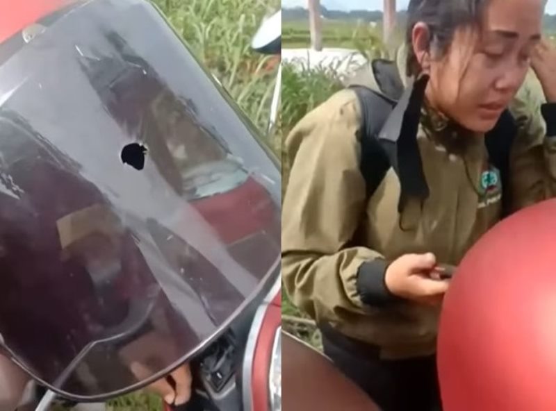 Ngeri Wanita Kena Tembakan Airsoft Gun Saat Naik Motor Helm dan Kacamatanya Sampai Bolong