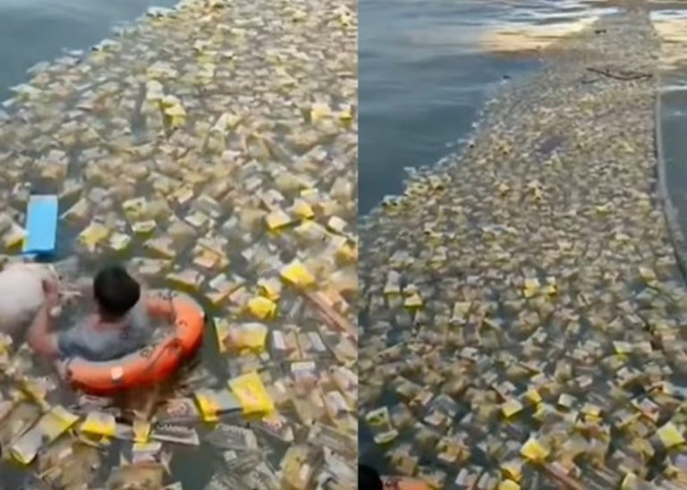 VIRAL Video Evakuasi Ribuan Minyak Goreng Kemasan yang Mengambang di Laut