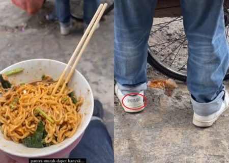 Makan Mie Ayam Pinggir Jalan Pembeli Salfok Sekaligus Curiga Lihat Tulisan di Sepatu Abangnya