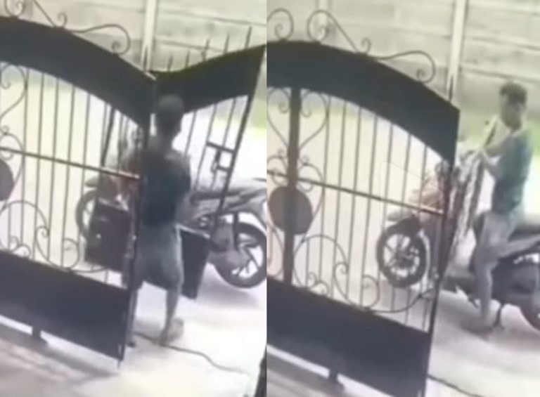 Beraksi Santuy Pria ini Terekam Curi Pagar Besi Rumah Warga Lalu Diangkut Pakai Motor