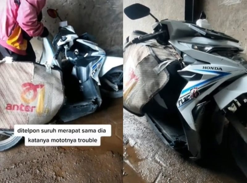 Kasihan Motor Kurir Mendadak Patah Saat Antar Paket Gegara Kelebihan Muatan