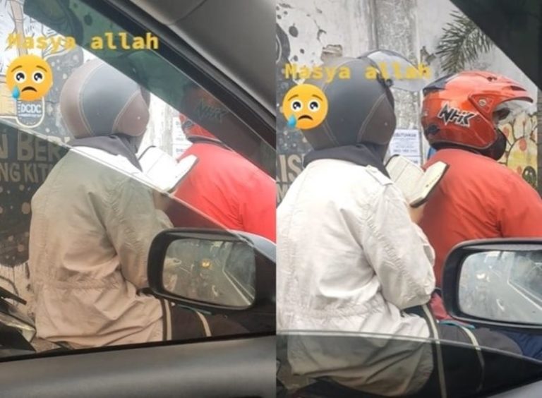 Bikin Hati Adem Seorang Wanita Terekam Baca Alquran Saat Dibonceng Naik Motor