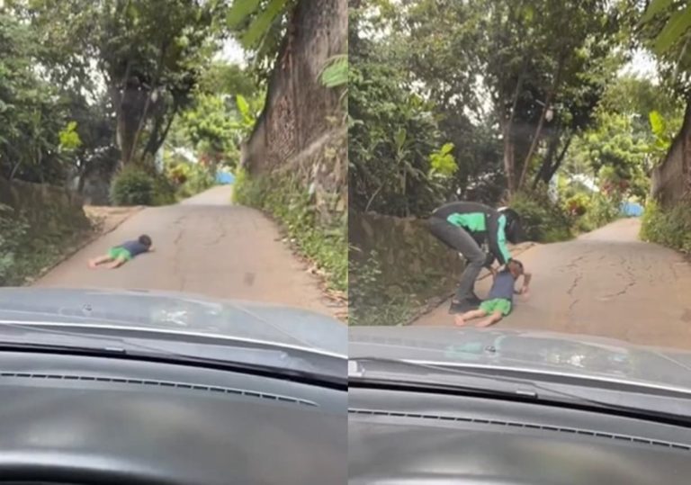 Heran Ada Bocil Tengkurap di Tengah Jalan dan Halangi Kendaraan Ternyata Ketiduran