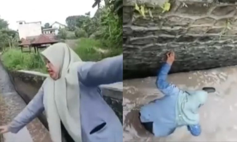 Bikin Video di Jembatan Wanita ini Berakhir Basah Kuyup Gegara Nyemplung ke Selokan