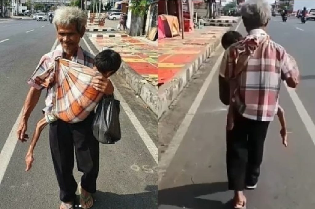 Seorang Kakek Renta Terekam Kamera Gendong Bocah Difabel di Pinggir Jalan
