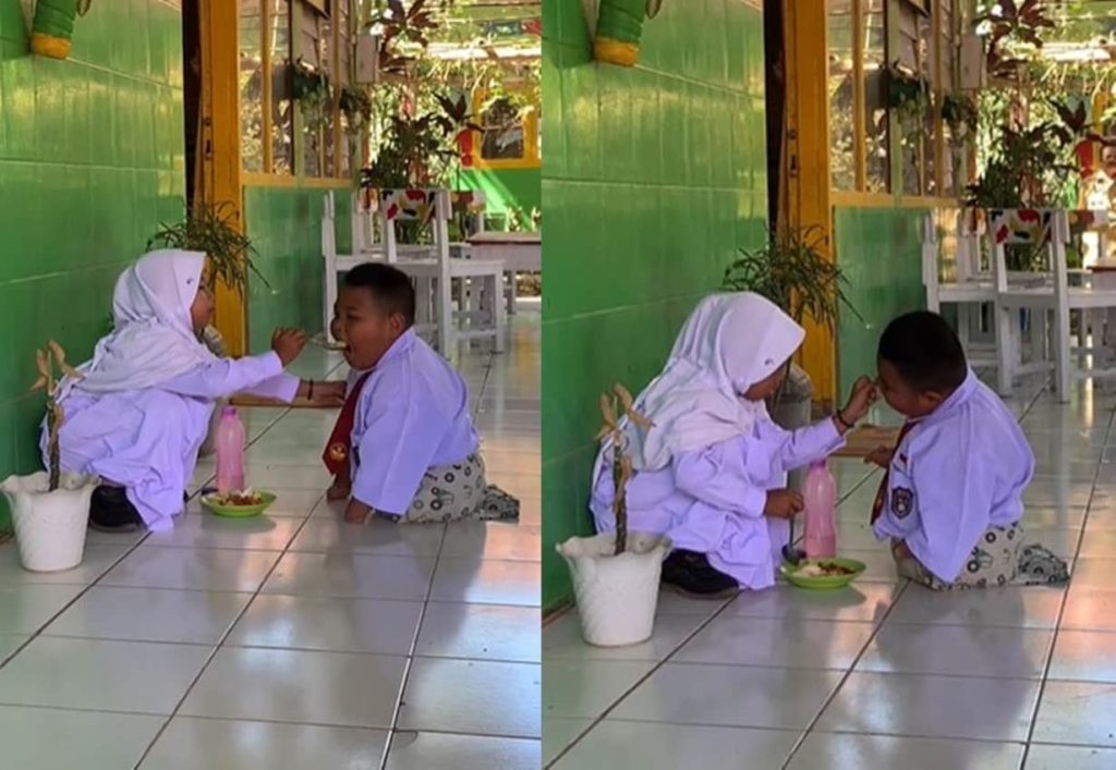 Momen Anak SD Suapi Teman yang Disabilitas Saat Istirahat, Bikin Salut Sekaligus Terharu