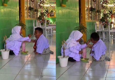 Momen Anak SD Suapi Teman yang Disabilitas Saat Istirahat, Bikin Salut Sekaligus Terharu