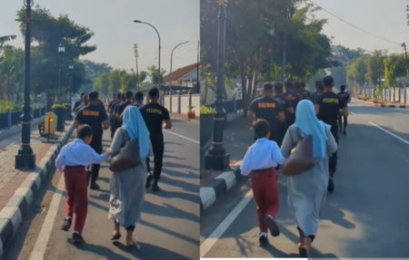 Momen Viral Ibu Gandeng Anaknya Ikut Lari Bareng Brimob, Warganet Terharu Semoga Cita citanya Tercapai!
