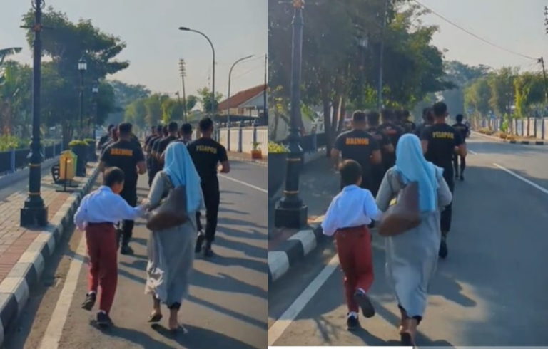 Momen Viral Ibu Gandeng Anaknya Ikut Lari Bareng Brimob, Warganet Terharu Semoga Cita citanya Tercapai!