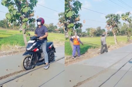 Terjadi Lagi! Pemotor Nekat Terobos Jalan Cor Basah, Panik Dikejar Pekerja yang Murka