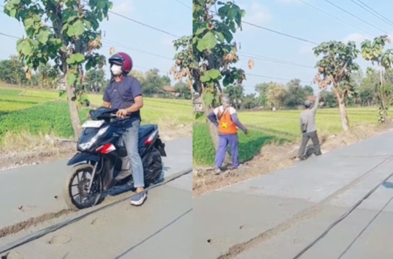 Terjadi Lagi! Pemotor Nekat Terobos Jalan Cor Basah, Panik Dikejar Pekerja yang Murka
