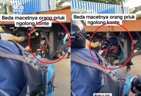 VIRAL Pengendara Motor Lewati Kolong Truk Kontainer Saat Macet, Nggak Sayang Nyawa