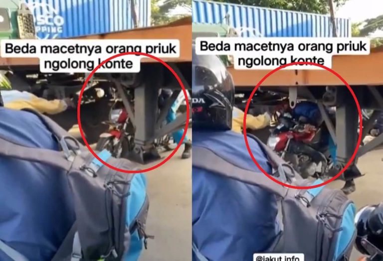 VIRAL Pengendara Motor Lewati Kolong Truk Kontainer Saat Macet, Nggak Sayang Nyawa
