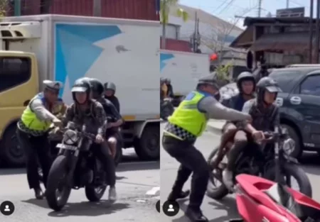 Detik detik Menegangkan Polisi Terseret Saat Hentikan Motor Berknalpot Brong