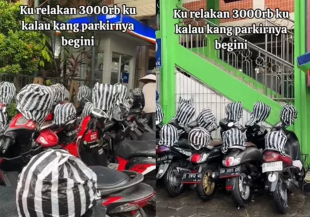 Gak Muncul Tiba tiba, Tukang Parkir Dipuji Karena Bungkus Helm Pengunjung Saat Hujan