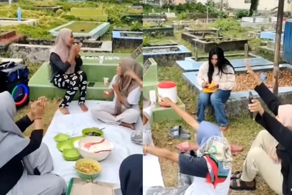 VIRAL Video Emak emak Asyik Piknik di Kuburan Sambil Putar Musik, Miris!